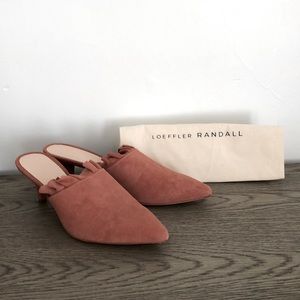 NWT Loeffler Randal Pink Suede Ruffle Mule Heals